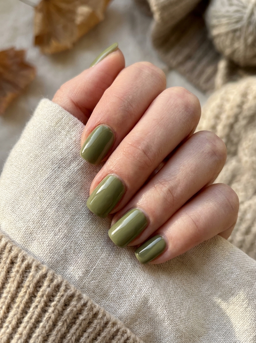 Short Olive Fall Nails als olivgrüne Herbstmaniküre 2026